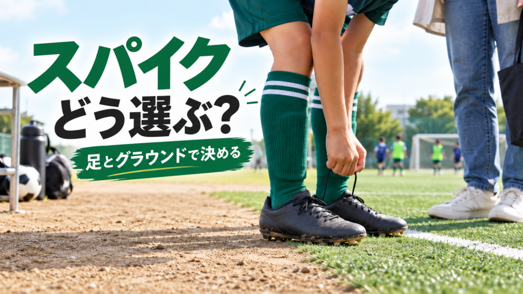 少年サッカーのグラウンド脇でスパイクのフィットを確認する親子