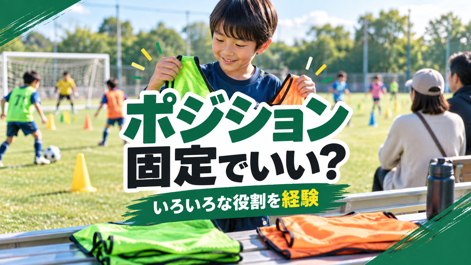 少年サッカーの練習場で複数のポジション経験を考える子どもと見守る保護者