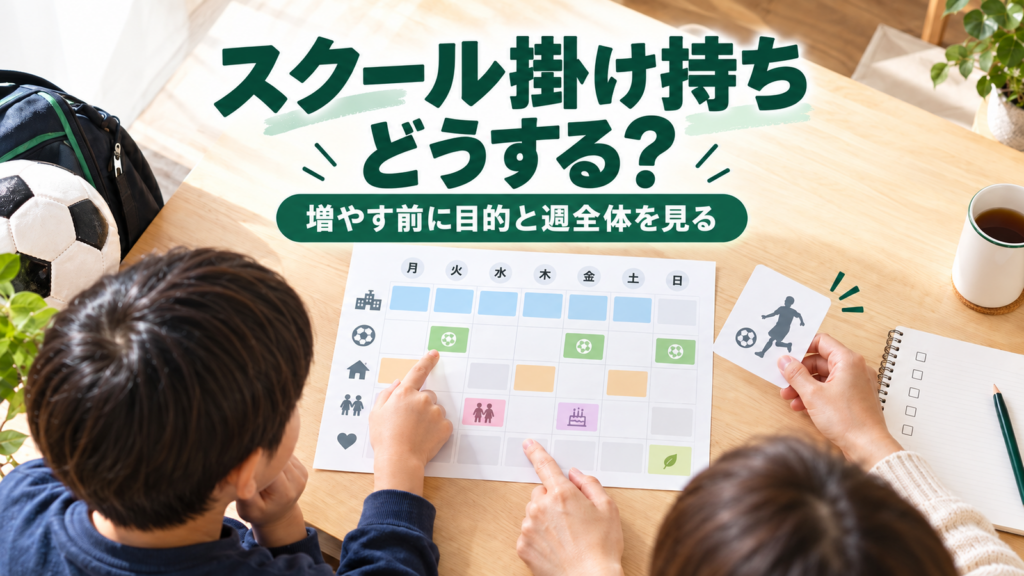 少年サッカーのチームとスクール掛け持ちを週間予定で確認する親子