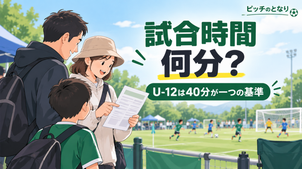 少年サッカーの試合前に大会要項を見ながら試合時間を確認する保護者のアイキャッチ画像