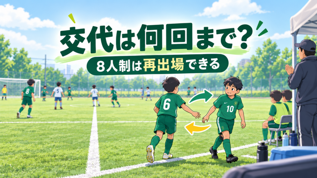 少年サッカーの8人制試合で交代ゾーンから選手が入れ替わる様子