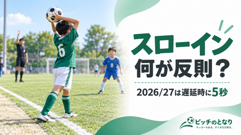 少年サッカーのタッチラインで両手を使ってスローインする選手と足元を描いたルール解説画像