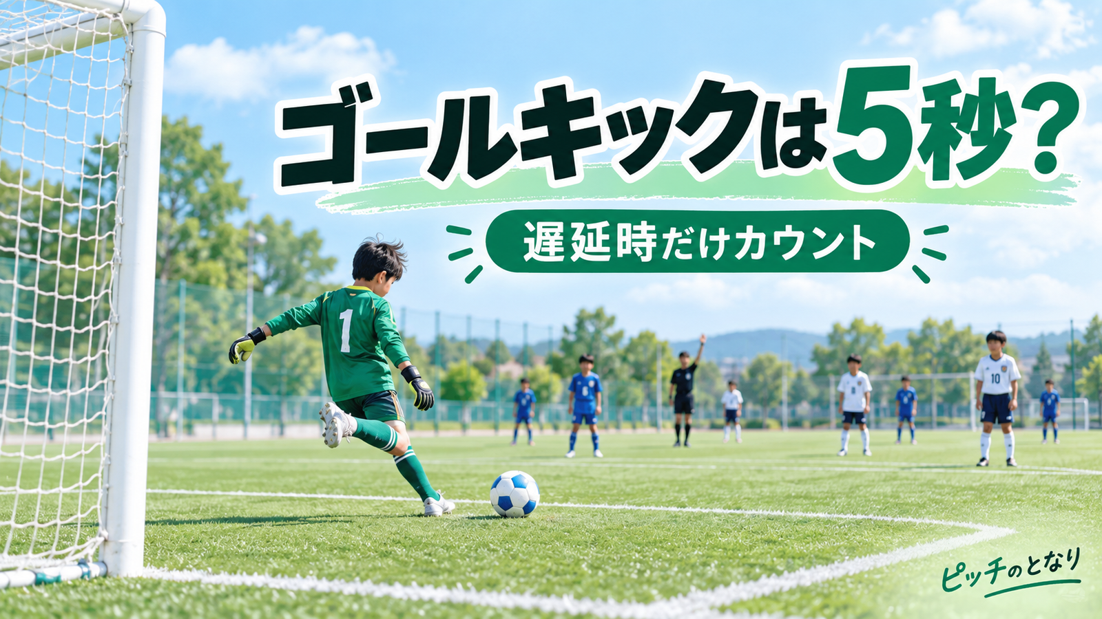 少年サッカーのゴールエリアでゴールキックを蹴る準備をする選手と相手選手の位置関係を描いたルール解説画像