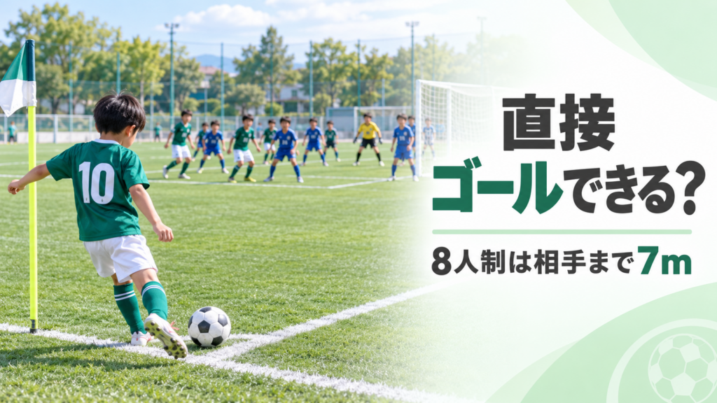 少年サッカーのコーナーアークからコーナーキックを蹴る選手とゴール前で待つ選手を描いたルール解説画像
