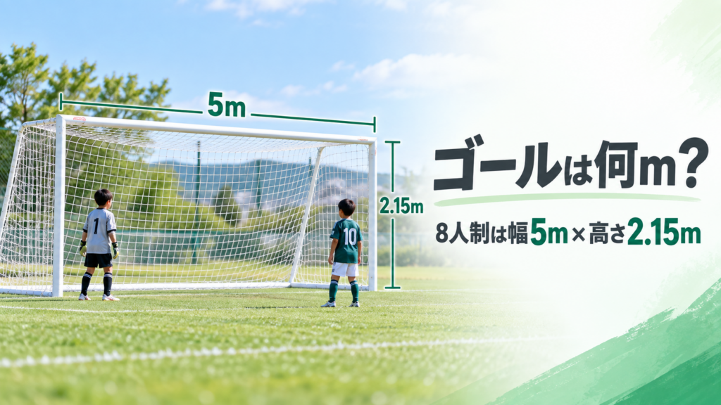 少年サッカーの8人制で使用する少年用ゴールと選手を描き、ゴールの大きさを伝えるアイキャッチ画像