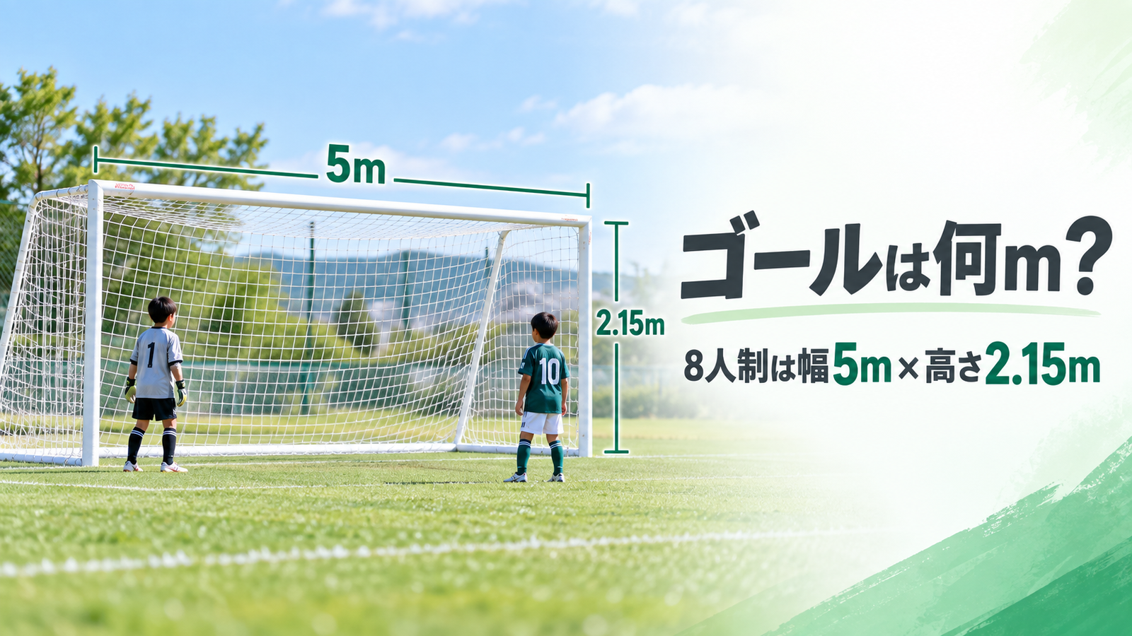 少年サッカーの8人制で使用する少年用ゴールと選手を描き、ゴールの大きさを伝えるアイキャッチ画像