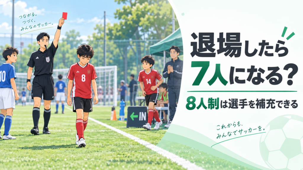 少年サッカーの8人制で退場となった選手がピッチを離れ、チームが別の選手を補充するルールを描いたアイキャッチ画像