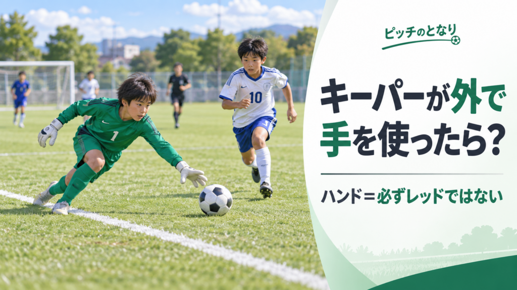 少年サッカーでゴールキーパーがペナルティーエリア境界付近のボールへ手を伸ばし、エリア外でのハンドとカード判定を考える場面を描いたアイキャッチ画像