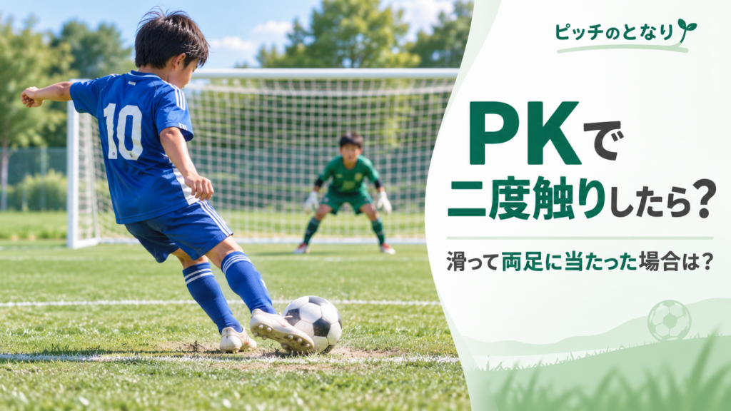 少年サッカーのPKでキッカーが滑り、ボールが両足に当たったように見える瞬間を描いた二度触りルール解説のアイキャッチ画像