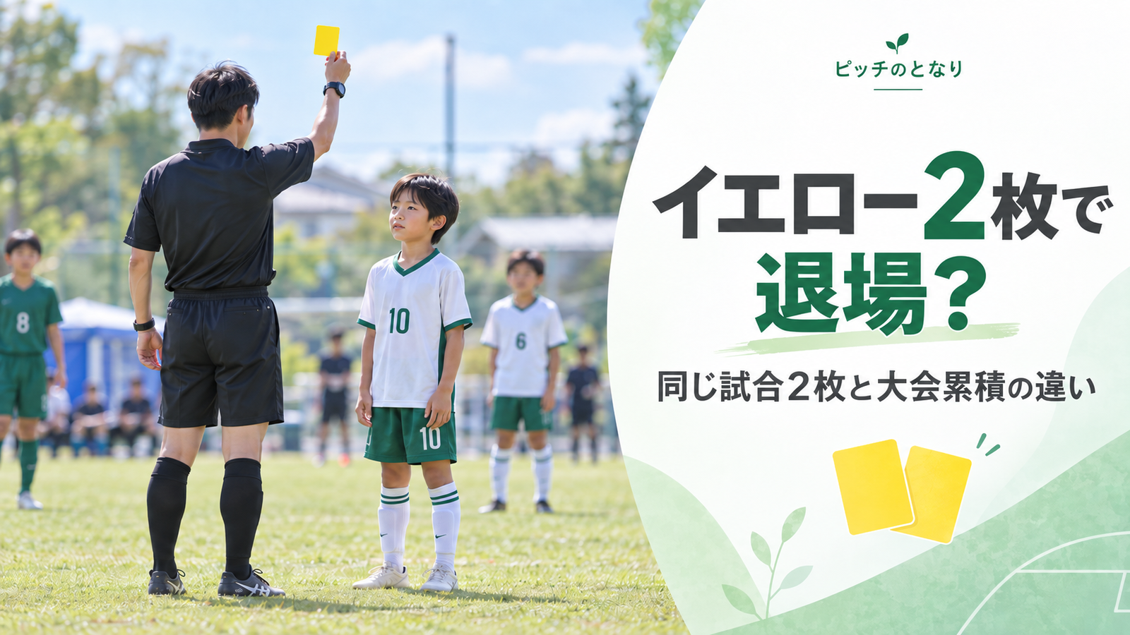 少年サッカーで審判が選手へイエローカードを示し、同じ試合での2枚目と大会を通した累積の違いを考えるアイキャッチ画像