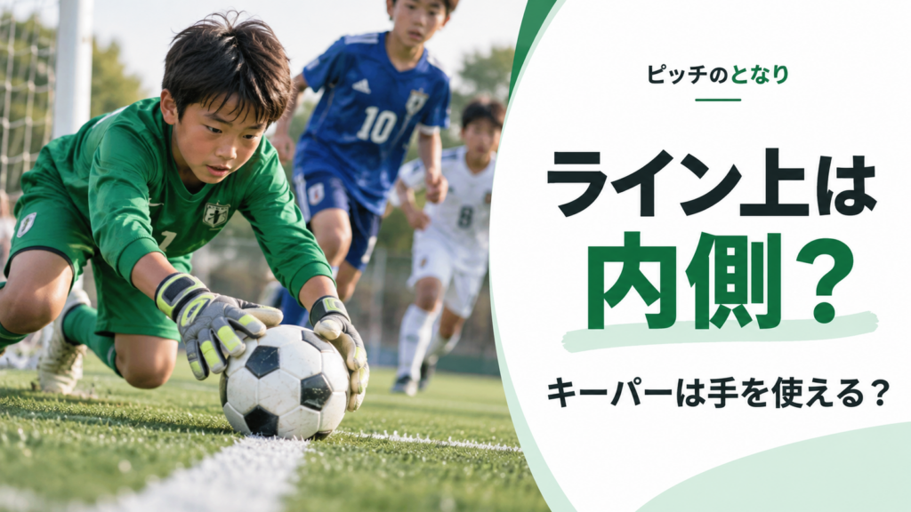少年サッカーで、ペナルティーエリアの白線上にあるボールへキーパーが手を伸ばしている場面を描いた、線上判定のアイキャッチ画像