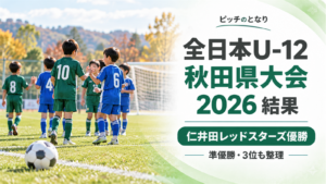 全日本U-12秋田県大会2026の結果を伝える、試合後のサッカー場で健闘をたたえ合う小学生選手たちのイメージ画像