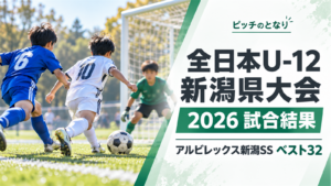 全日本U-12新潟県大会2026の試合結果を伝える、サッカーのゴール前でボールを追う小学生選手たちを描いたイメージ画像